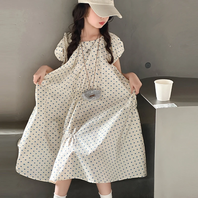 女童连衣裙夏季圆点棉布女孩6-12岁韩版15岁纯棉甜美泡泡袖公主裙