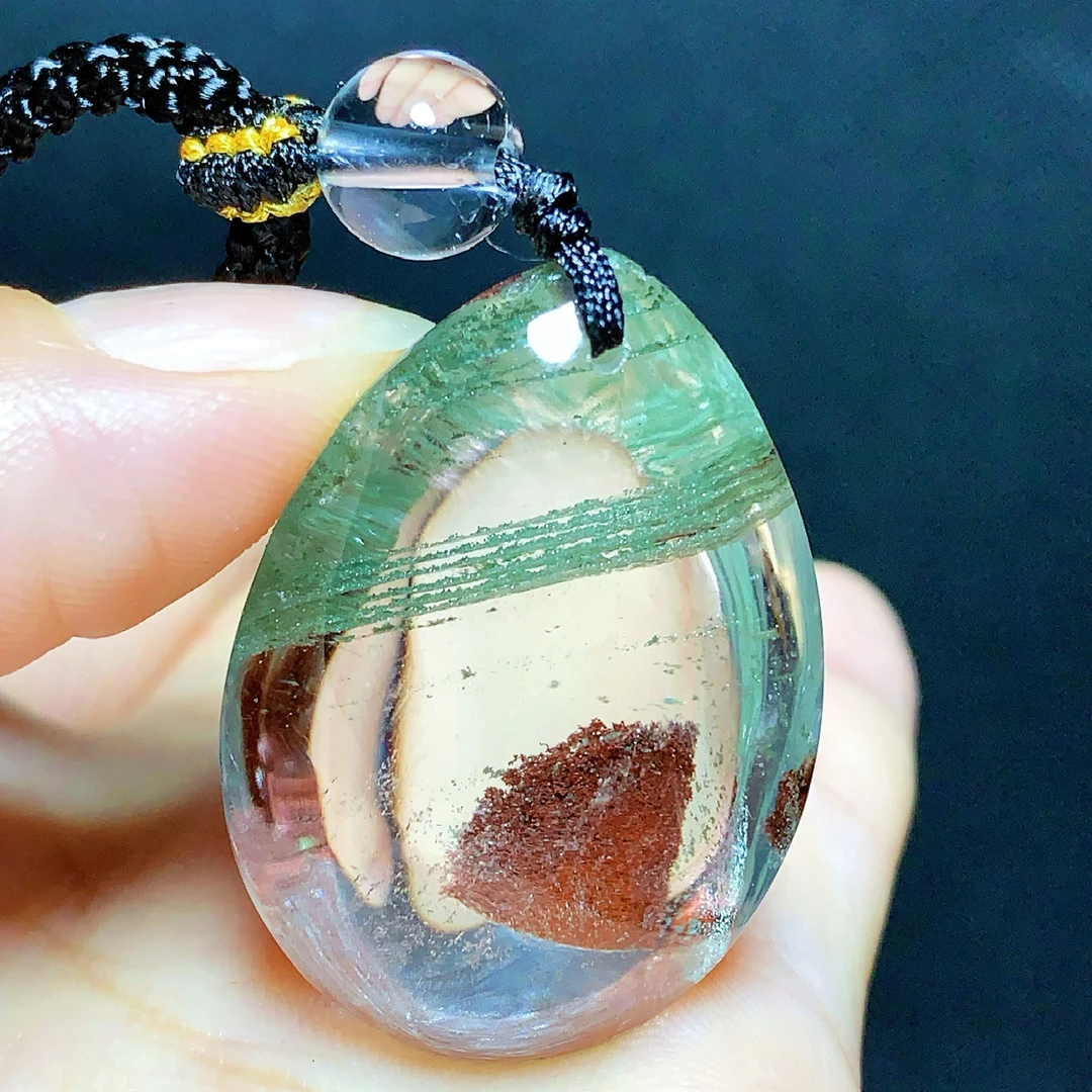 东海水晶天然千层绿幽灵水晶吊坠石毛衣链平安聚宝盆水滴项链男女