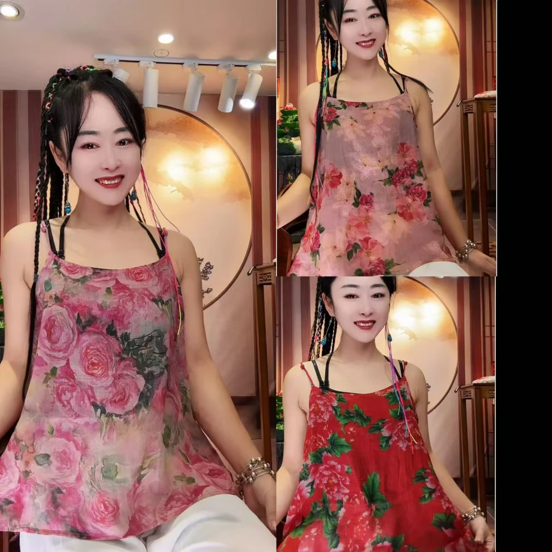 唐汉布依新款女装吊带背心东北大红花D