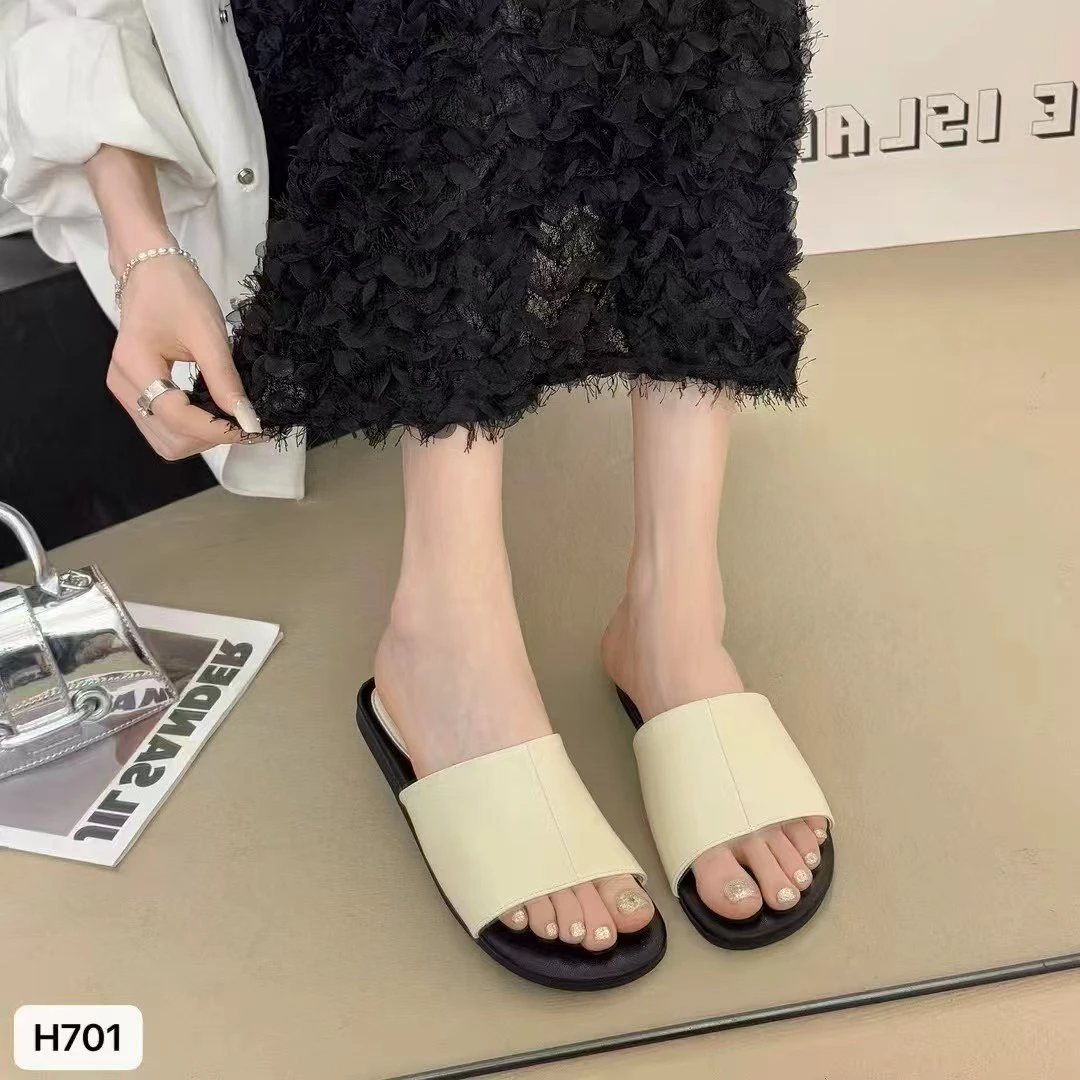 H701银色米色夏季平底一字拖鞋女外穿