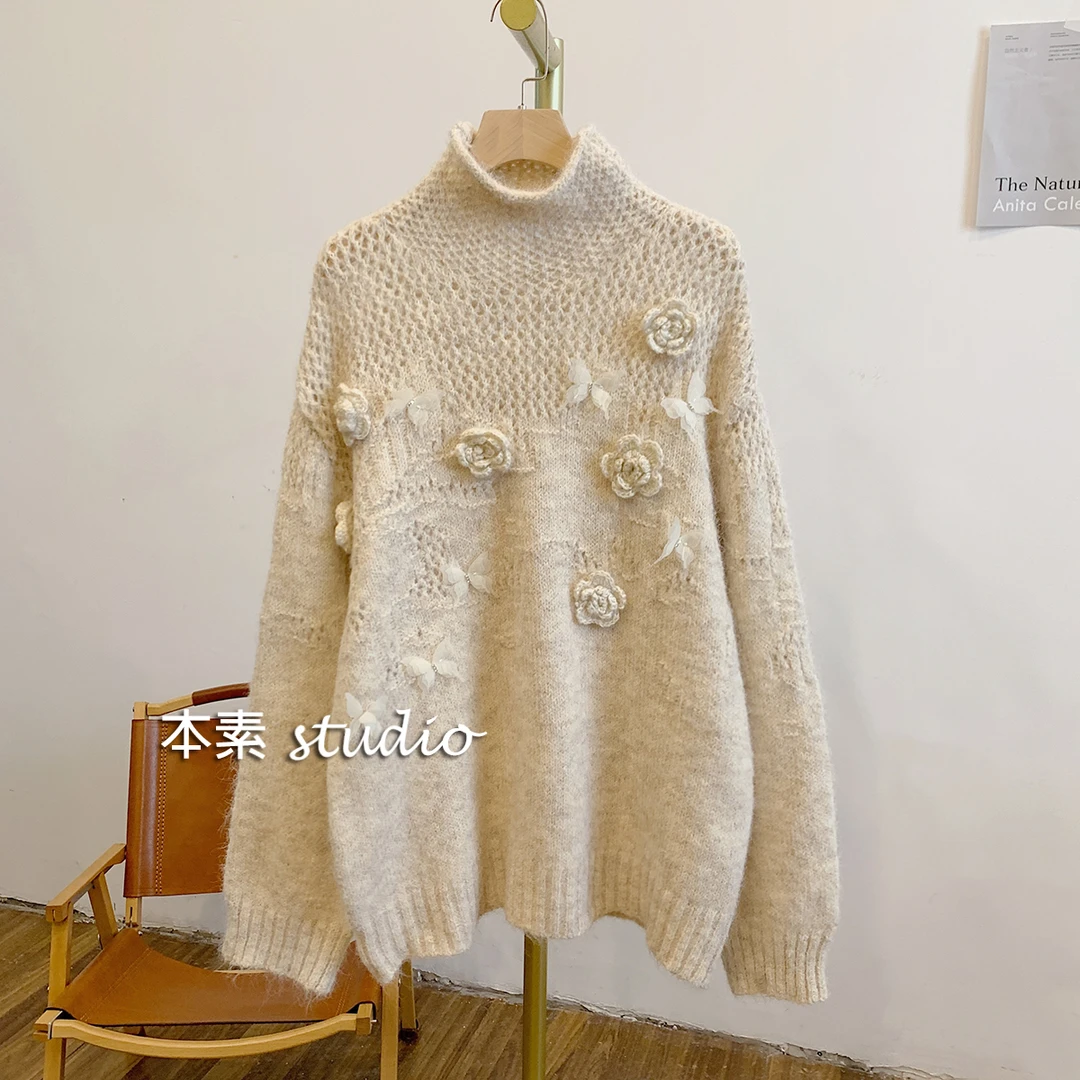 亮钻蝴蝶毛衣C3053亮钻蝴蝶钩花半高领针织毛衣