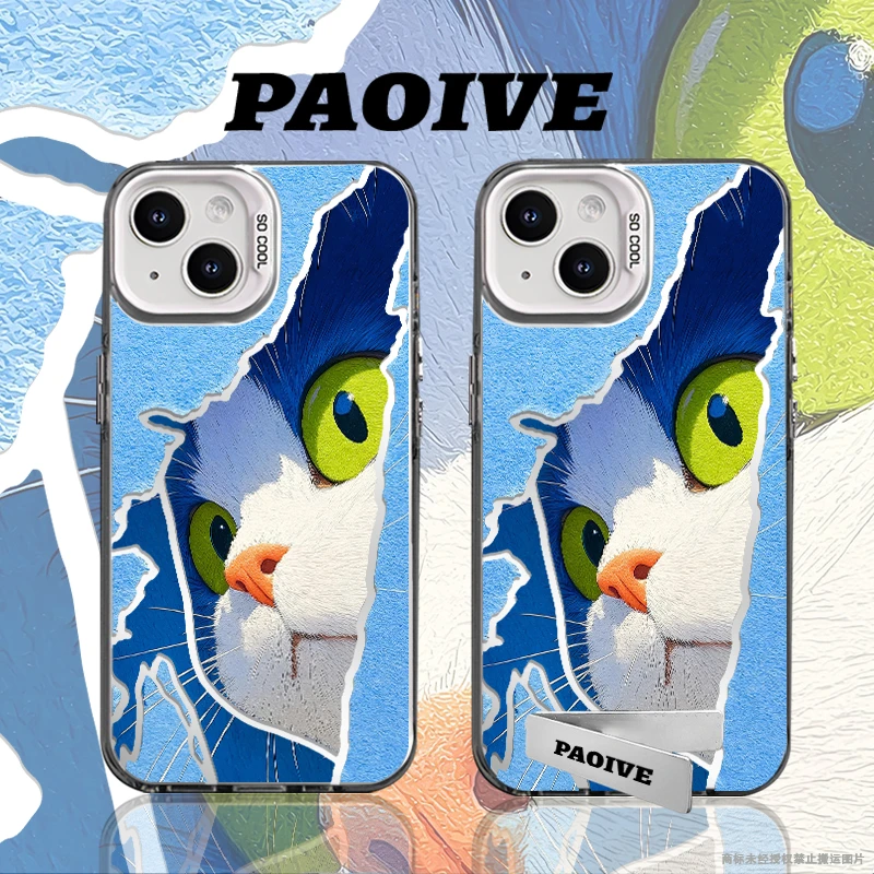 蓝色猫咪适用苹果华为vivoiPhone小米三星防摔彩银手机壳