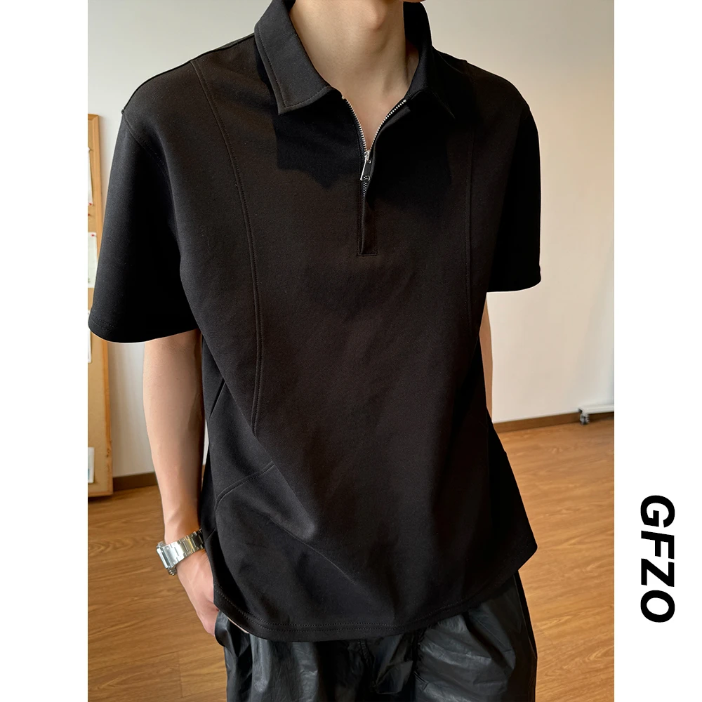 半拉链短袖POLO衫男款夏季液氨棉解构潮流痞帅翻领宽松T恤上衣