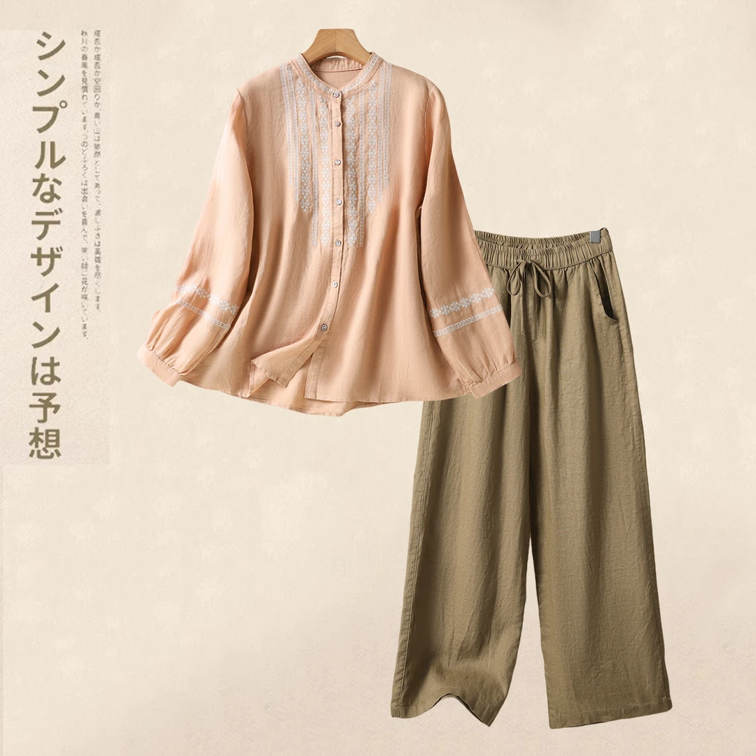 2025春秋新款刺绣亚麻套装中老年妈妈衬衫百搭直筒裤百搭九分裤女