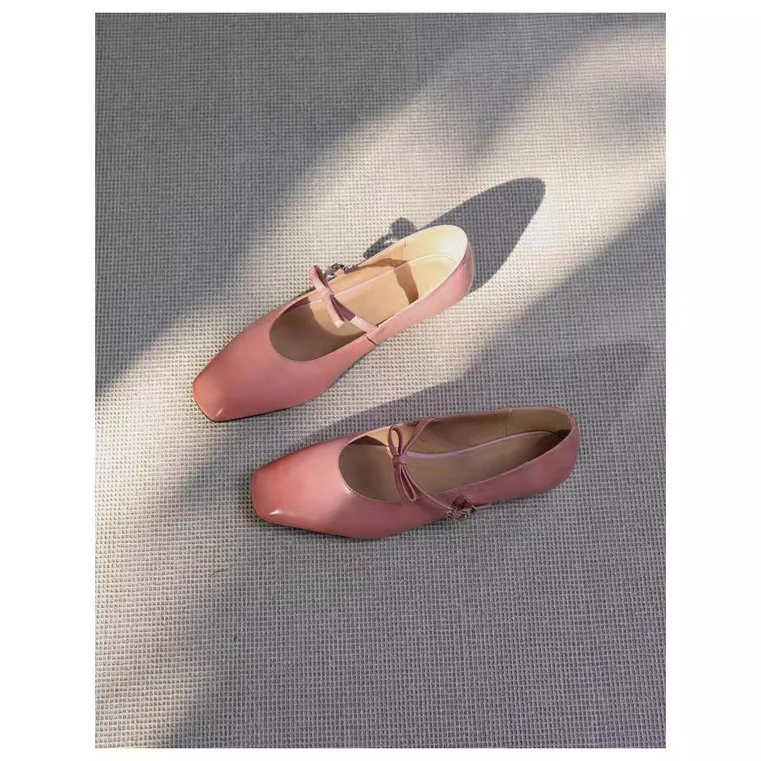 法式渐变色方头平底单鞋女百搭仙女风配裙子粗跟百搭玛丽珍鞋坡跟