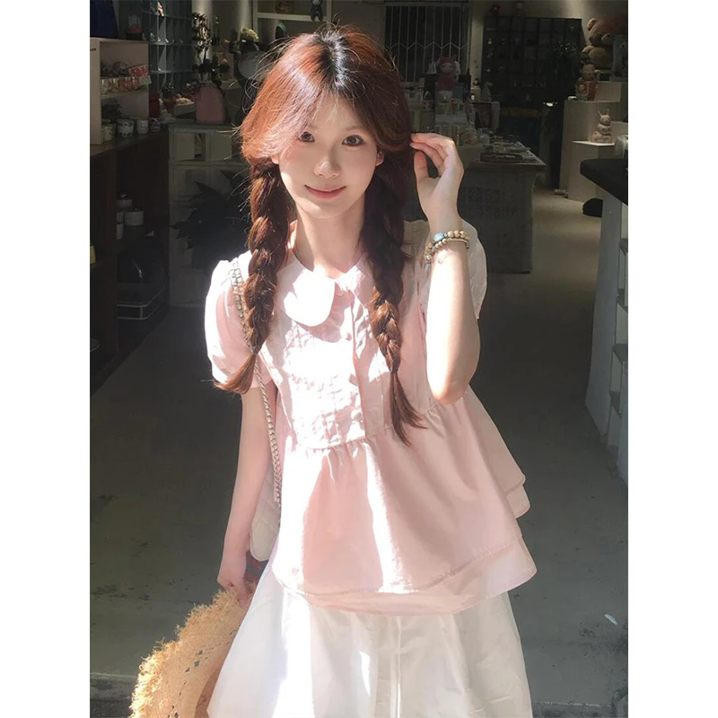 miu系粉色短袖衬衫女夏季穿搭泡泡袖衬衣修身显瘦学院风甜美上衣