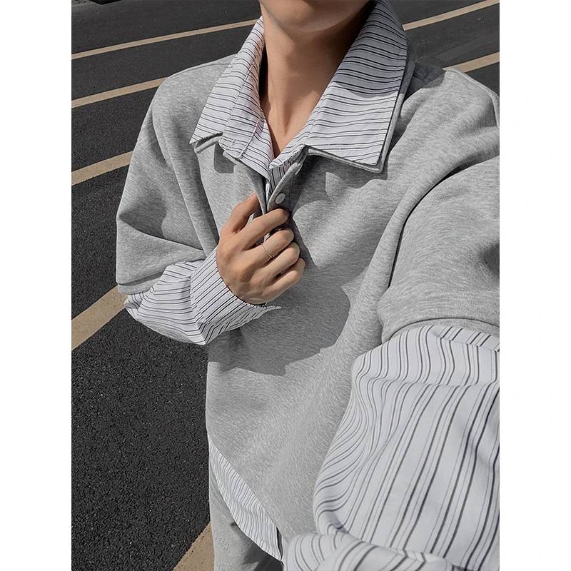 灰色cleanfit假两件Polo领卫衣男款秋季衬衫领长袖T恤高级感外套