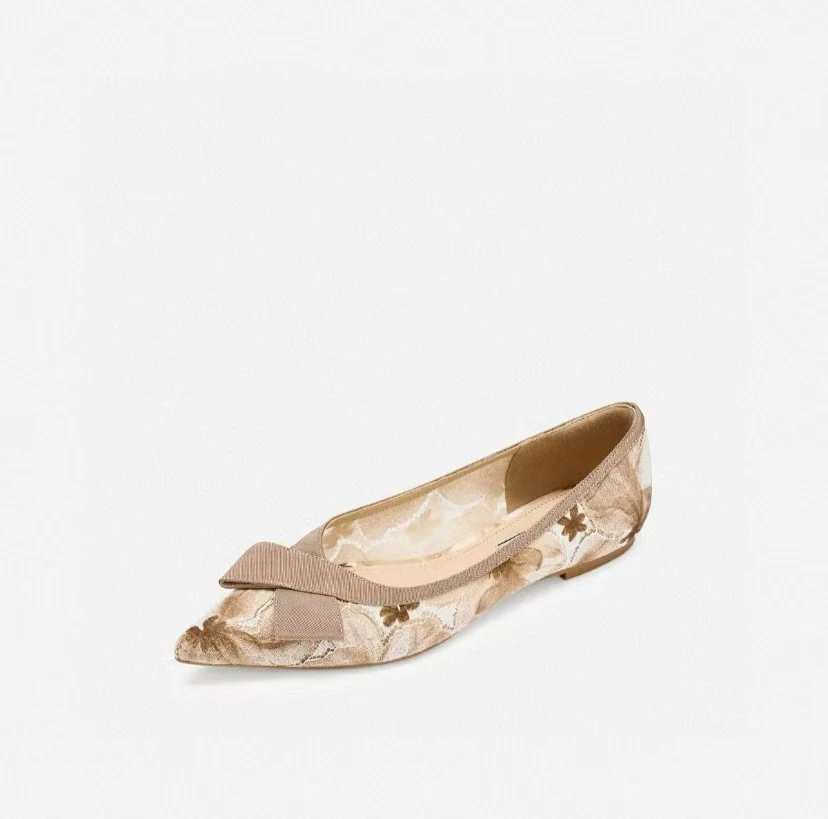 柔软时分2025秋新款尖头平底单鞋新中式蝴蝶结网纱鞋AAH79