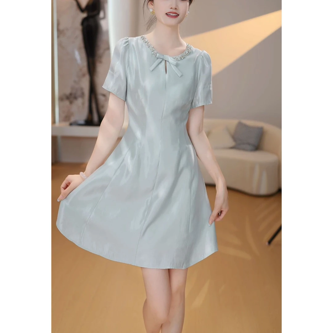 2025夏季新款时尚法式短袖连衣裙气质显瘦拼接蝴蝶结中长款休闲裙