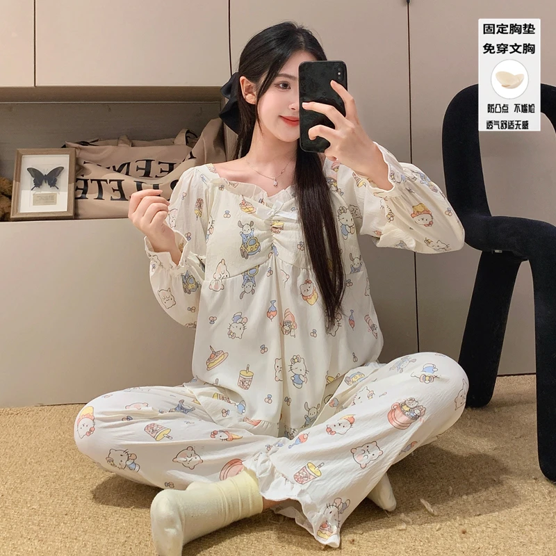 新款带胸垫长袖睡衣女春秋季云朵棉可爱卡通公主风花边家居服套装