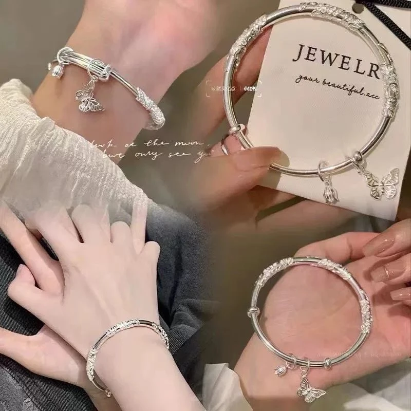 足银手镯 繁花似锦999.9足银手镯女蝴蝶铃铛实心银镯子送女友礼物