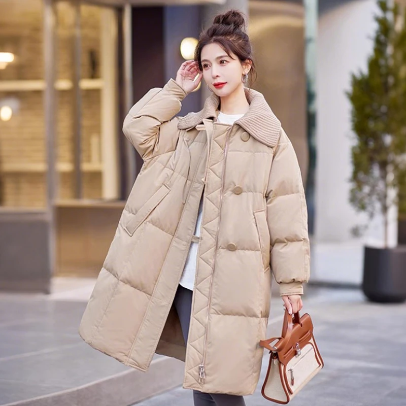 高级毛线翻领棉服女2025冬季新款韩版宽松加厚百搭中长款棉衣外套