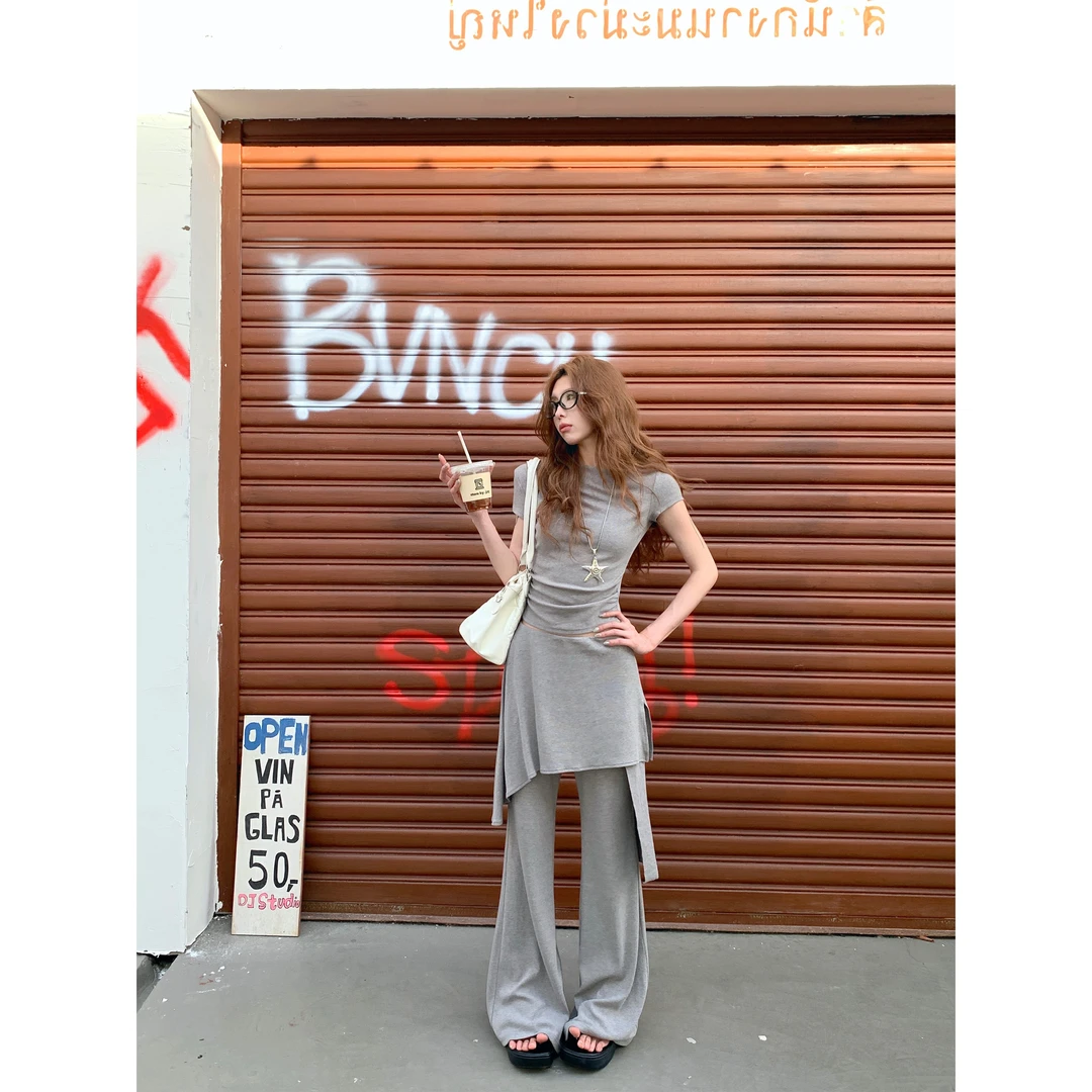 2025kumikumi时尚套装基础款纯色短袖T恤女夏季小众高腰休闲裤两