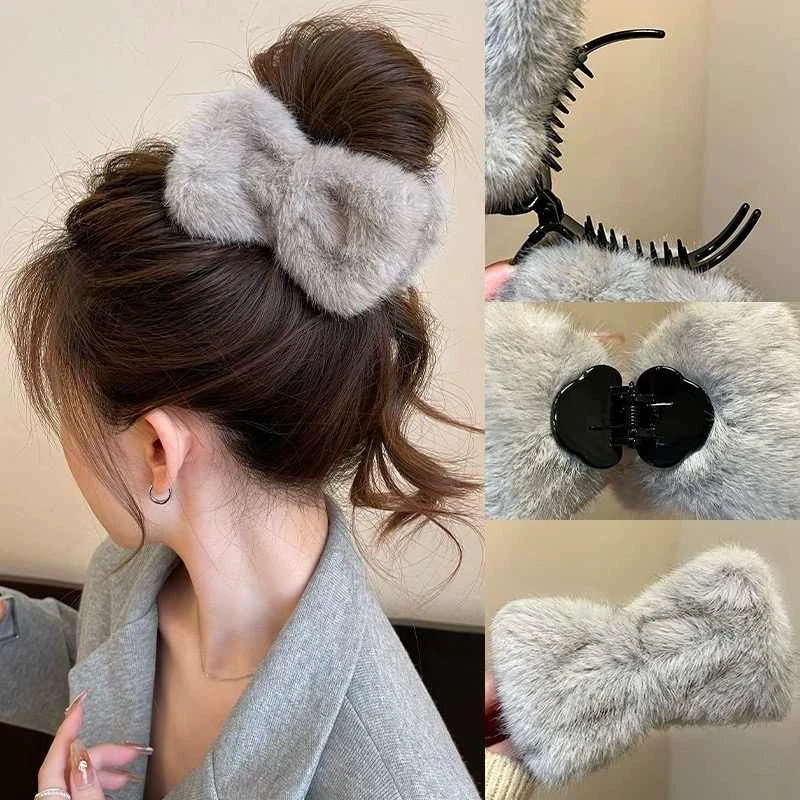 毛绒蝴蝶结丸子头抓夹神器女高级感2025新款后脑勺盘发夹子发饰品
