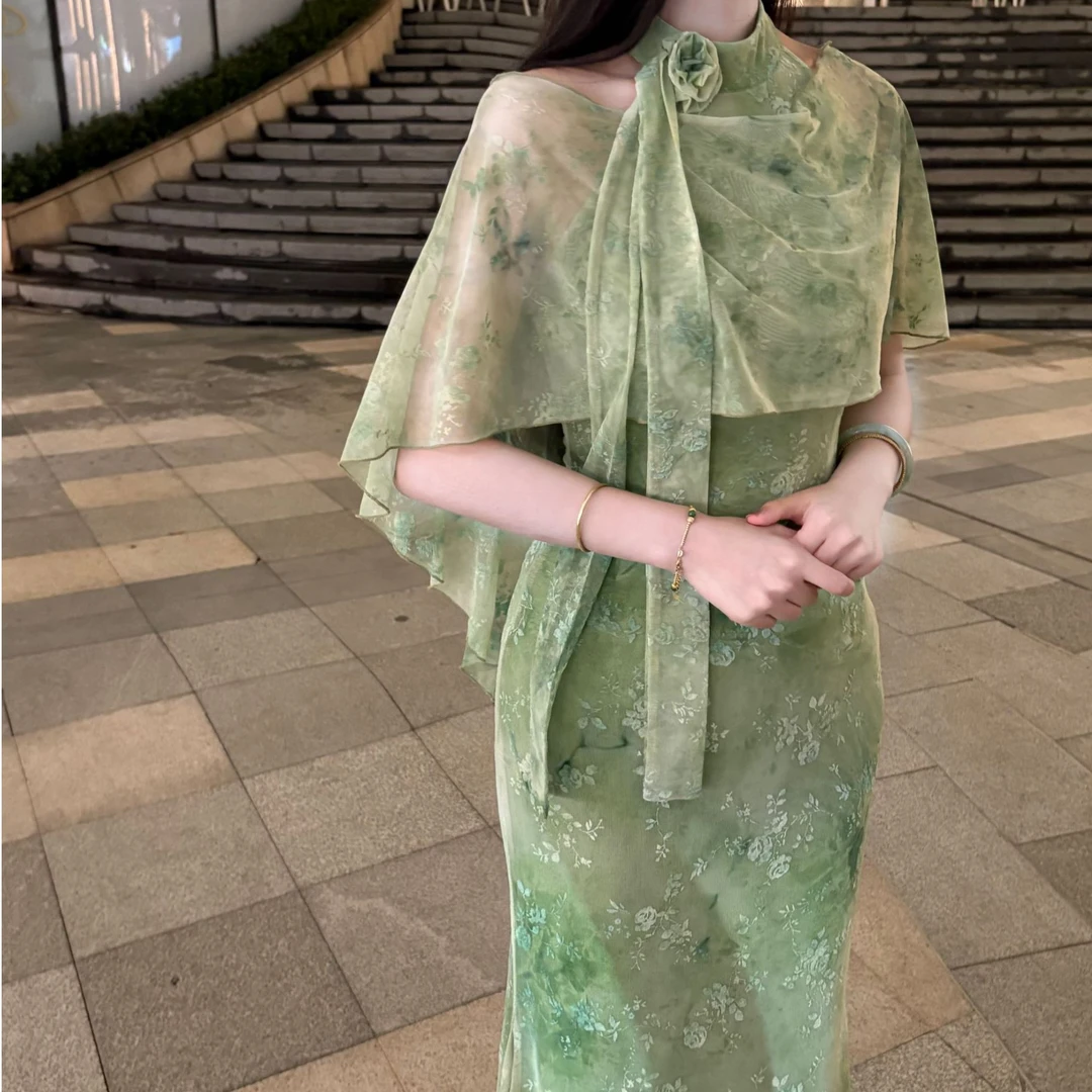 LHMknk1画报夫人原创温柔纯欲手工花朵挖肩鱼尾连衣裙  绿珠心