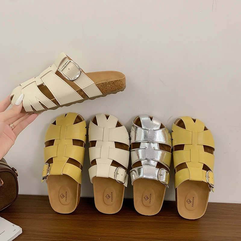 软皮包头编织半拖女厚底2025夏季镂空厚底休闲罗马凉鞋猪笼拖鞋