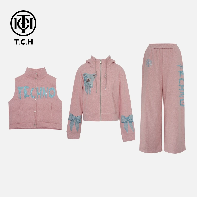 TCH私服秋冬纯欲风烫钻时尚淑女粉色长袖套装T75C07E5032私服tch