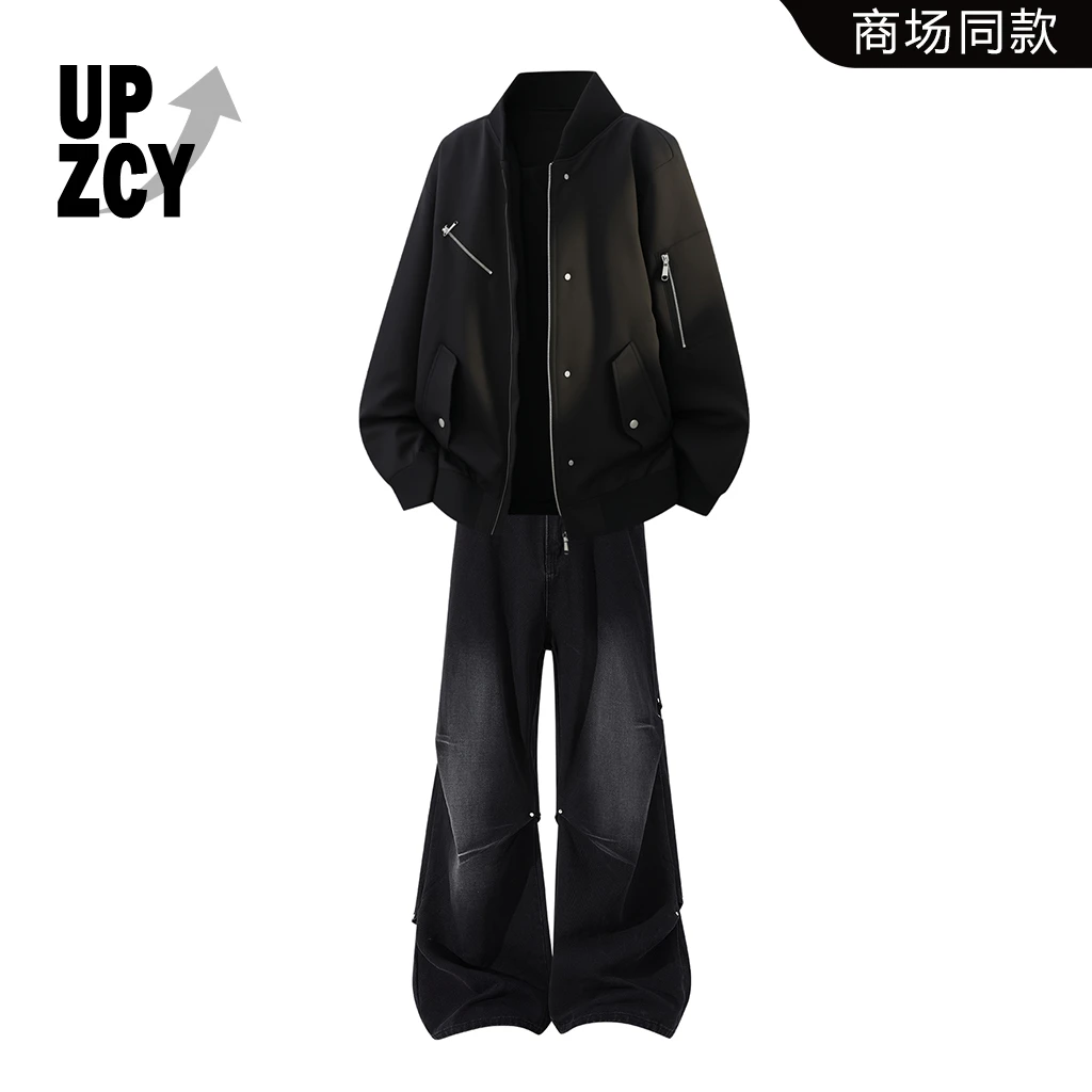 UPZCY美式设计感座山雕棉衣套装男秋冬铆钉褶皱水洗牛仔裤两件套