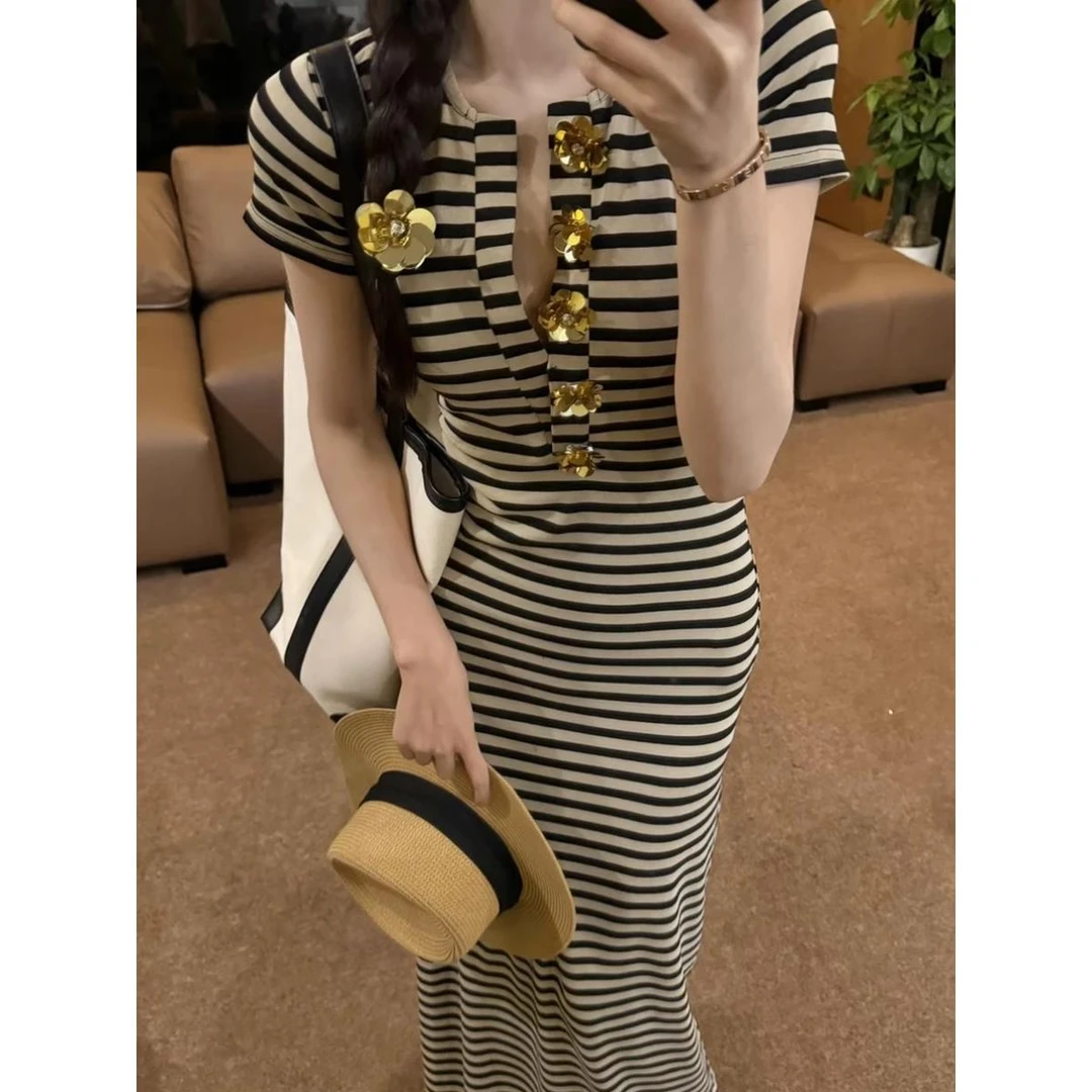 OS&0nes 圆领条纹连衣裙女夏季设计感修身中长款显瘦包臀裙长裙