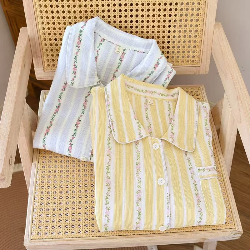 全棉双层纱布睡衣套装长袖长裤温柔可爱