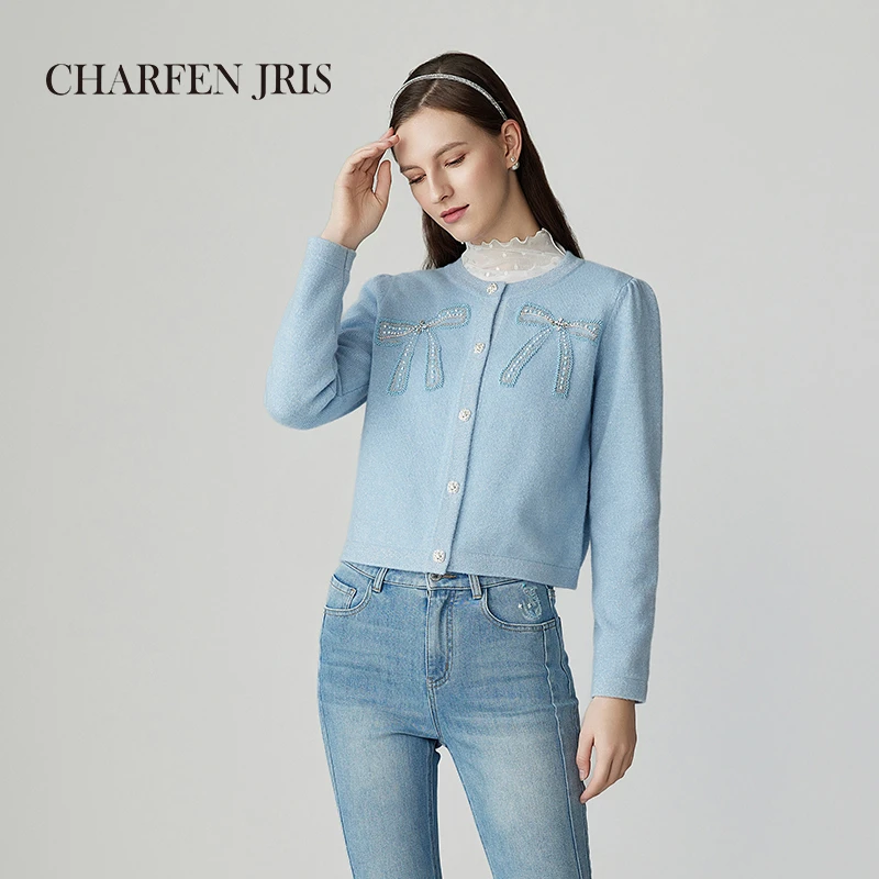 【达人专属】朝峰春季新款蝴蝶钉珠开衫羊毛毛衣FJF1A696-6003C