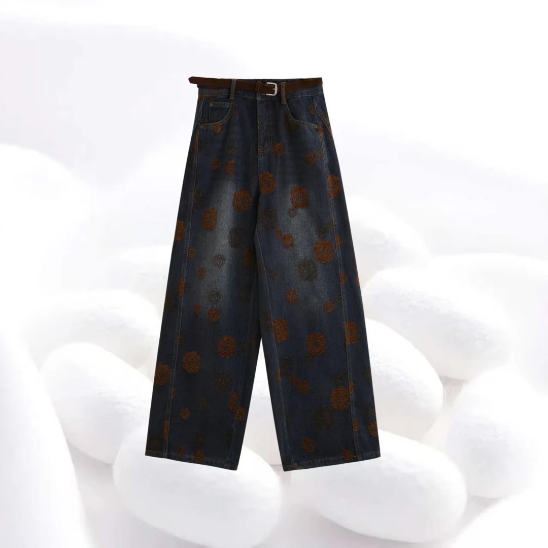 【植绒绣花加绒弯刀牛仔裤】秋冬加绒高腰时尚显瘦女裤带腰带中国风