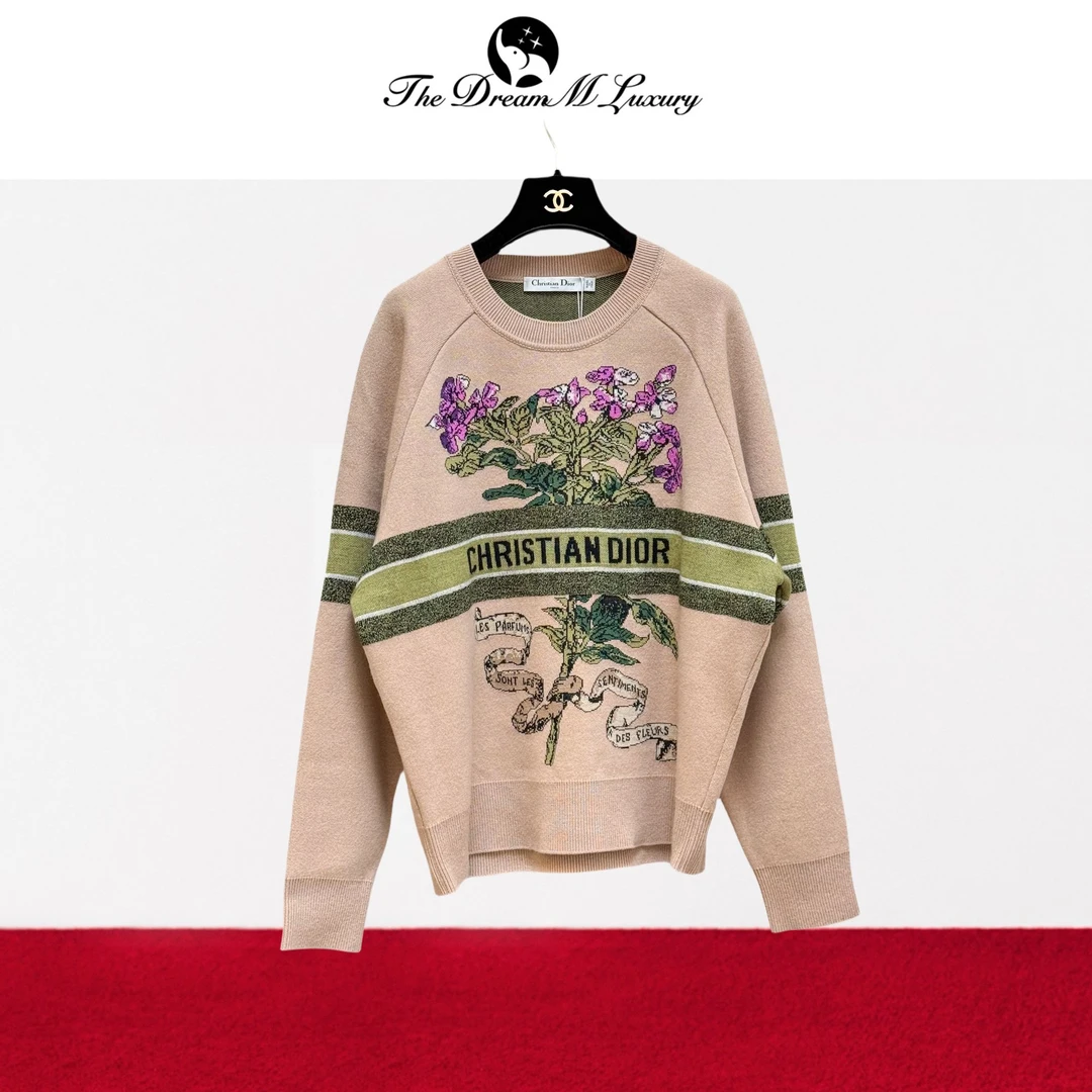 99新 DIOR/迪奥 F36码卡其色拼绿色紫色花朵毛衣