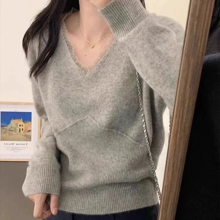 韩版短款v领精仿羊毛针织衫女秋冬高级感修身毛衣打底衫气质上衣