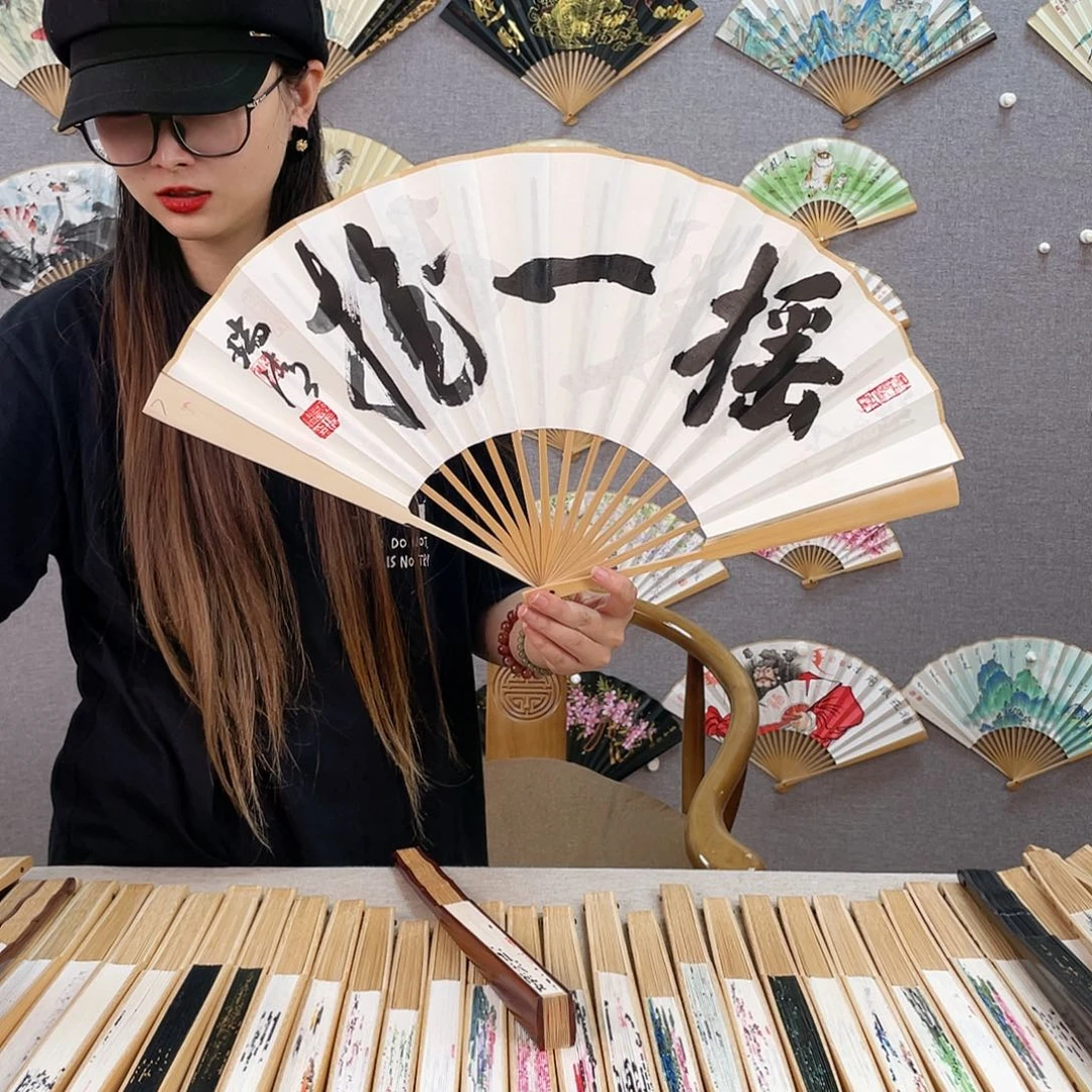 国画10寸玉竹-纯手绘-文玩扇骨（默认粘好）