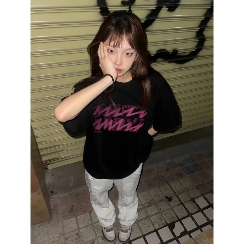 甜酷小众创意字母oversize纯棉半截袖T恤女大码2-300斤短袖上衣