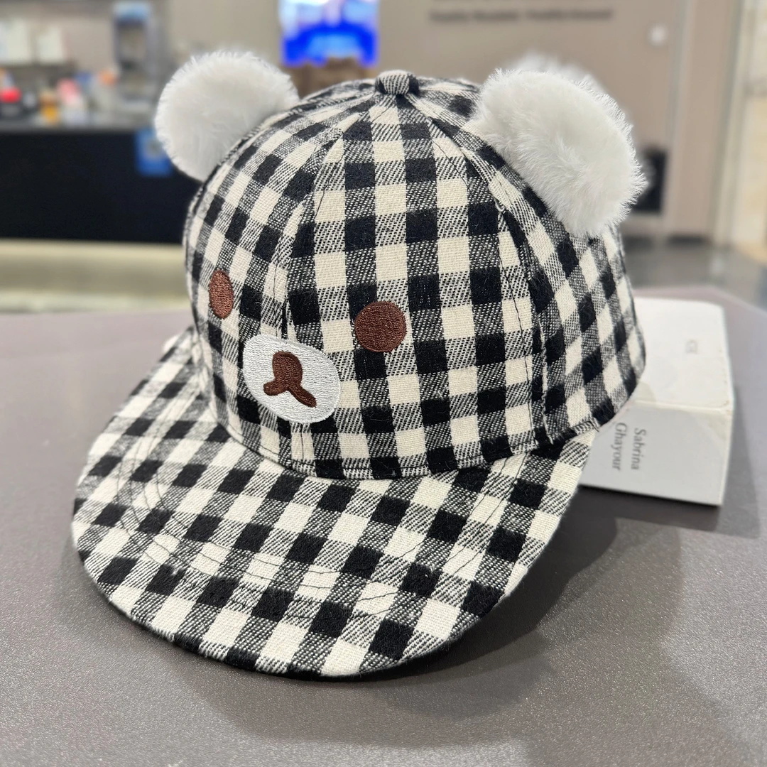 可爱轻松熊黑白格子平檐棒球帽女情侣款韩版卡通百搭显脸小鸭舌帽