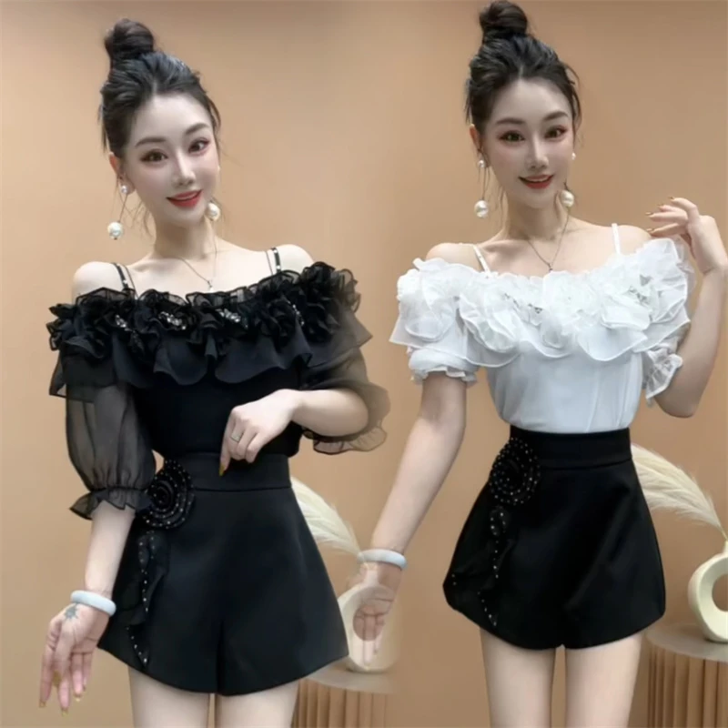 重工一字肩水钻时尚洋气花边上衣