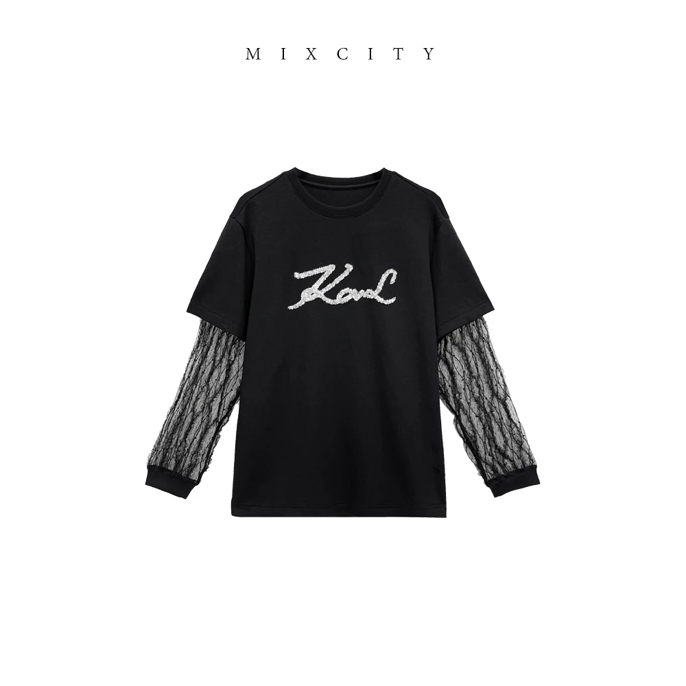 【亚楠本楠】蕾丝袖T◆亮片刺绣拼接镂空蕾丝袖T恤6468