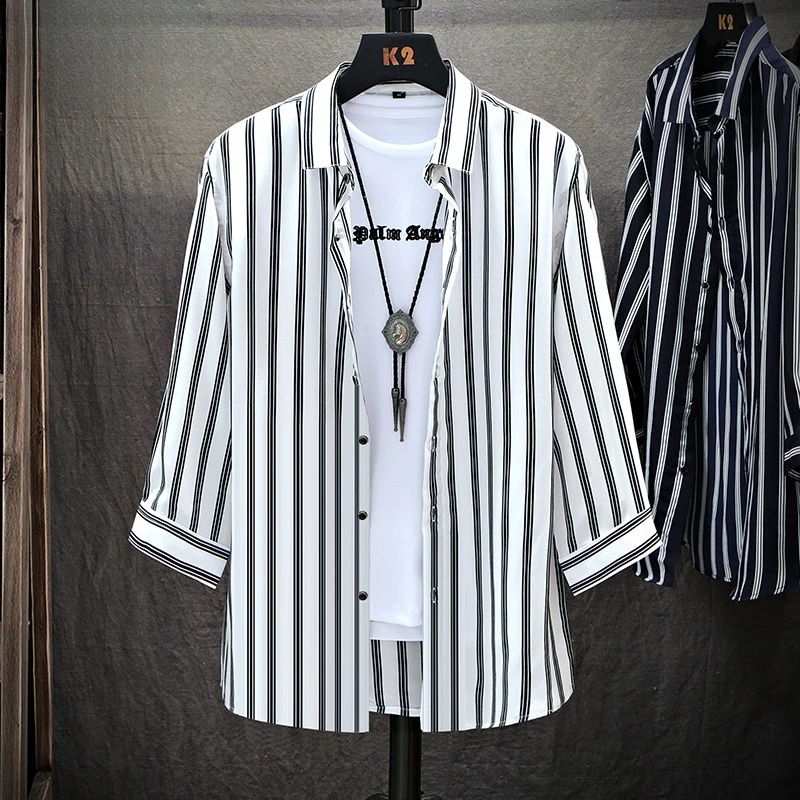 花花公子潮牌高级感条纹冰丝衬衫男夏季宽松七分中袖衬衣潮流短袖
