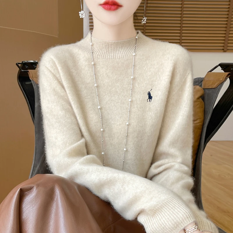 精致洋气~一线成衣100%纯羊毛衫刺绣小马半高领经典时尚软糯女