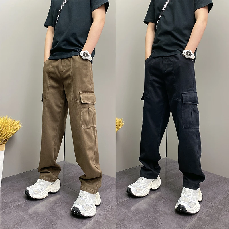 2025秋冬加绒小直筒休闲裤男宽松工装裤男痞帅潮流薄绒长裤男微阔