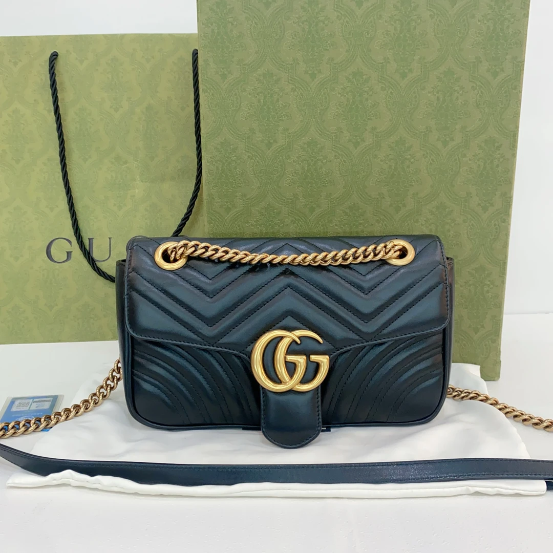 99新 GUCCI/古驰 黑金马蒙26中号链条包尘袋盒子手提袋