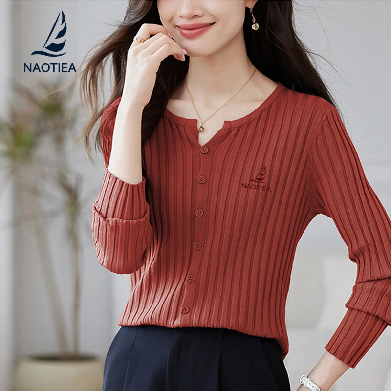 纳奥蒂尔小帆船红色针织T恤外套上衣女2025春秋新款V领开衫女装