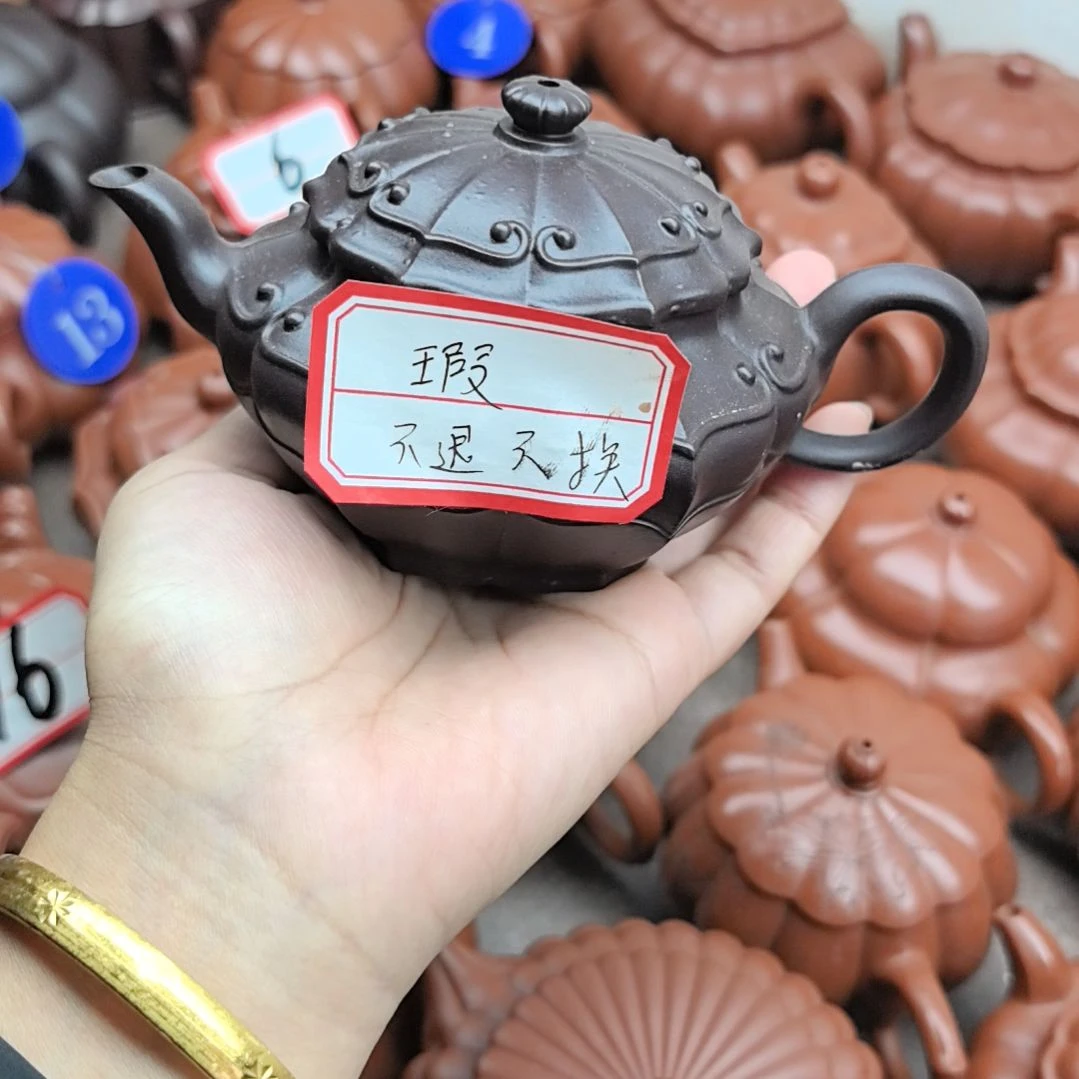 紫砂茶壶紫朱泥筋纹六方如意