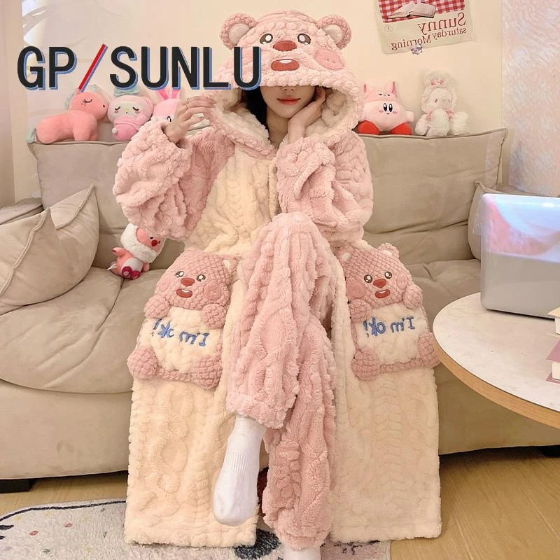 GPSUNLU珊瑚绒睡衣女秋冬季加厚法兰绒睡袍卡通小海狸家居服套装