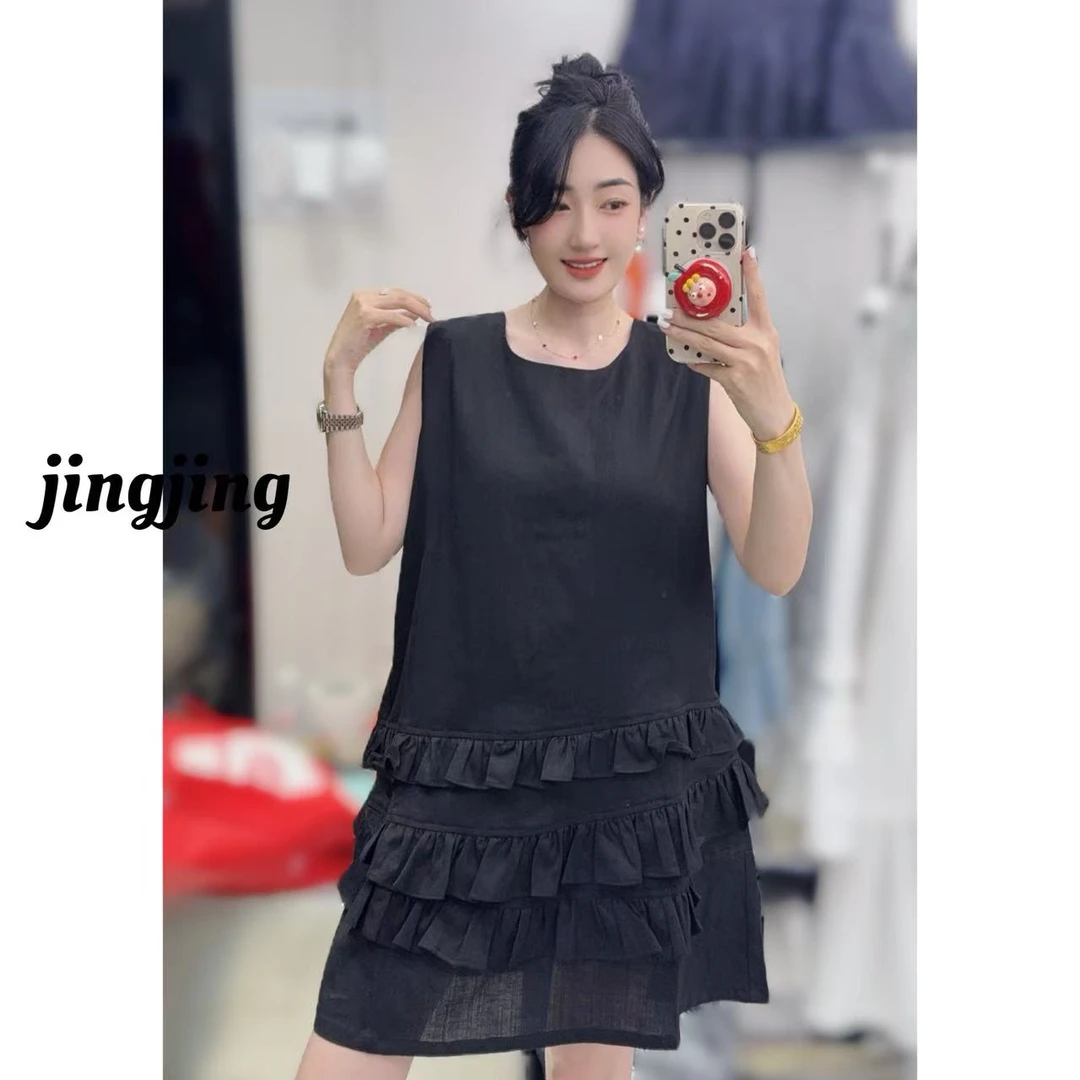 夏季新款休闲百搭无袖荷叶边亚麻连衣裙（2597）