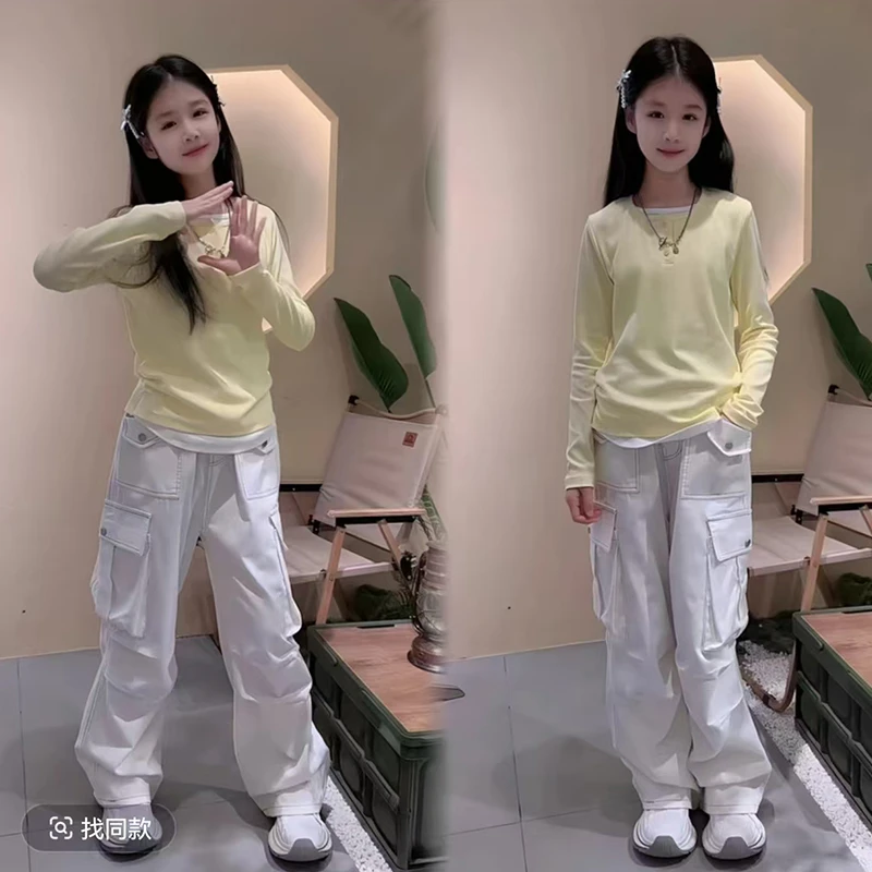 女童工装裤套装春装2025新款儿童洋气女大童打底衫直筒裤两件套9