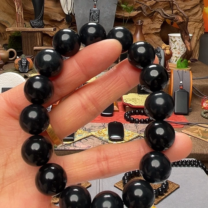 和田玉（墨玉）未镶嵌手串青花墨卡14皮孔