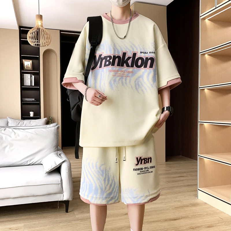 夏季圆领短袖t恤男士套装2025新款字母拼色半袖体恤衫套装男夏季