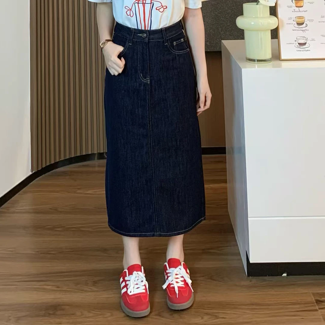 小羽酱小个子定制春夏复古休闲百搭高腰后开叉无弹棉布牛仔半身裙