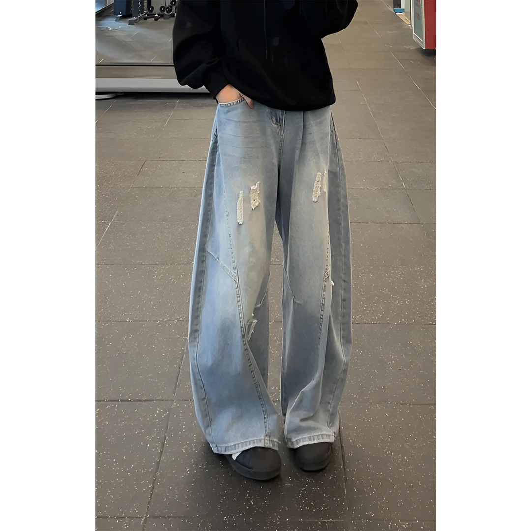 美式复古廓形弯刀牛仔裤男女宽松型vintage解构水洗阔腿休闲裤