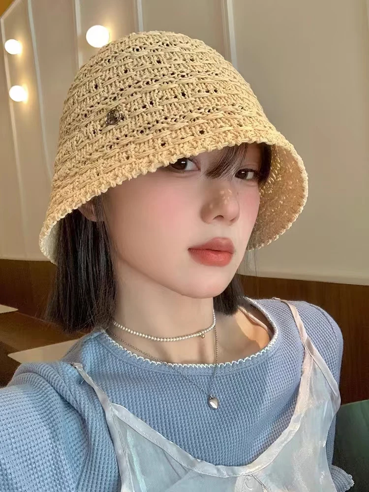 夏季圆顶短檐帽子编织休闲渔夫帽百搭可折叠显脸小沙滩帽防晒盆帽