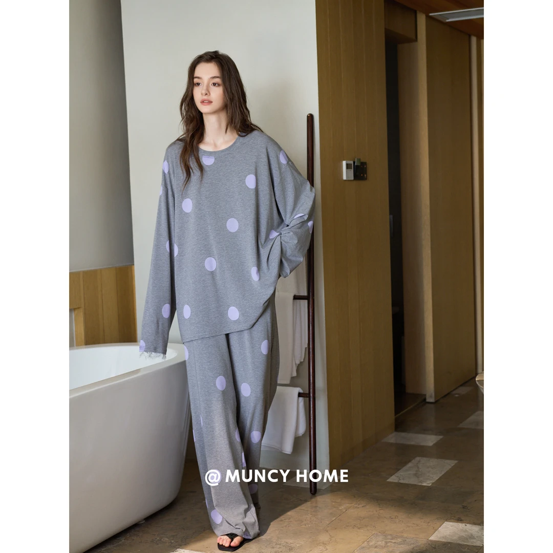 曼系“韩系波点”长袖睡衣春秋季宽松慵懒少女新款圆领柔软家居服