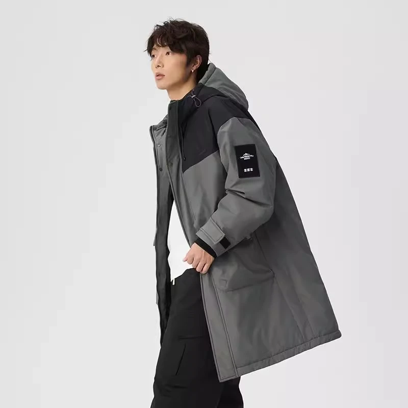 【奥莱断码】2025冬季撞色中长款羽绒服男连帽大码东北保暖白鸭绒
