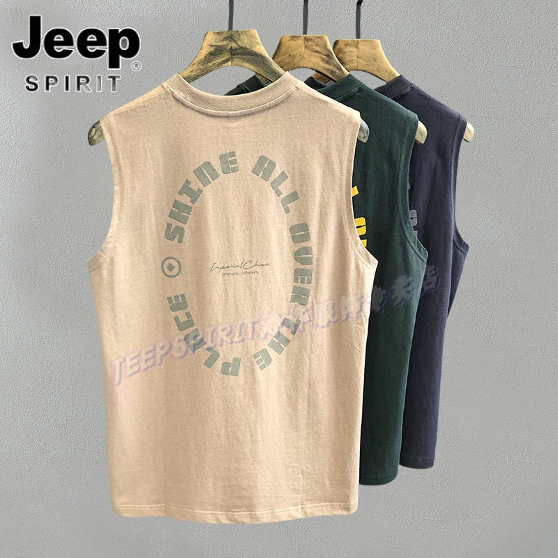 Jeep吉普字母印花纯棉运动背心男士无袖T恤夏季宽松美式坎肩马甲